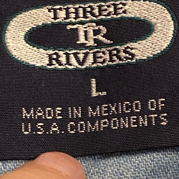 Three Rivers Womens Large Vintage Denim Shirt with vintage quilt pieces/doilies - Picture 3 of 8